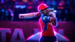 Cricket batter completing a powerful shot under vivid blue and pink neon lighting