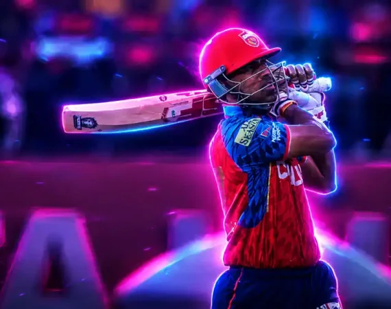 Cricket batter completing a powerful shot under vivid blue and pink neon lighting